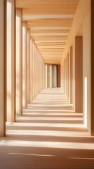 Wall Mural - Sunlit corridor with wooden pillars and walls.