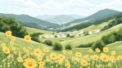 Wall Mural - Scenic village nestled in a vibrant valley, surrounded by rolling hills and blooming yellow flowers.