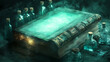 © Thiago - A glowing book surrounded by mysterious vials, shrouded in mist, evoking a sense of magic and ancient knowledge. Whispering Book Archives. Illustration