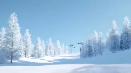 Wall Mural - Snowy winter landscape with ski lift and snow-covered pine trees under a clear blue sky.