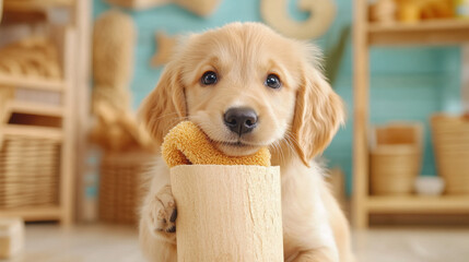 Wall Mural - Cutie Pie, A golden retriever puppy playfully holds a toy in its mouth, captured in high fidelity detail.