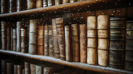 Wall Mural - Ancient library haven, shelves filled with weathered books, dust motes dancing in the light, whispering stories of the past, a timeless refuge for readers. Whispering Book Archives. Illustration