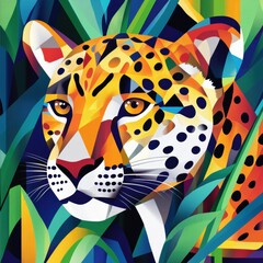 Poster - Colorful leopard portrait surrounded by lush foliage with bold geometric patterns, showcasing vibrant artistic style. Generative AI