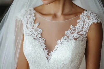 Poster - Intricate lace details on a white wedding dress perfect for a timeless ceremony or bridal photoshoot. Generative AI