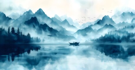 Wall Mural - Serene misty lake landscape with mountains, boat, and trees.