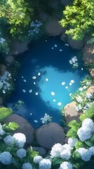 Wall Mural - Serene pond surrounded by lush greenery and white flowers.