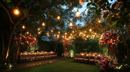 Wedding Ceremony with flowers outside in the garden with hanging lights