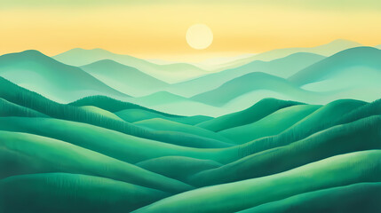 Poster - Rolling hills of emerald green, gentle mist rising from valleys, mountains at sunset, misty morning, sunset. Emerald Mist Valleys. Illustration