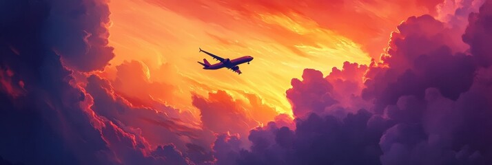 Poster - Sunset flight over vibrant clouds at evening sky with airplane soaring above brilliant hues of orange and purple. Generative AI