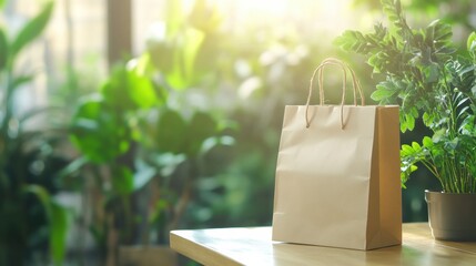 Aufkleber - Eco friendly paper bag on a wooden table surrounded by lush green plants in a bright indoor space during daytime. Generative AI
