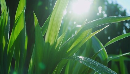 Wall Mural - Sunlight on Dewy Grass Blades in a Summer Field for a Nature Magazine cover