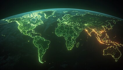 world map shows asia, glowing cities, and global connectivity for technology use