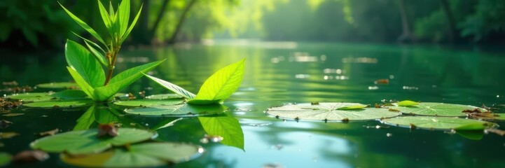 Wall Mural - Floating bamboo shoots and leaves on tranquil water; sunlight dappled , shadow, calm, element