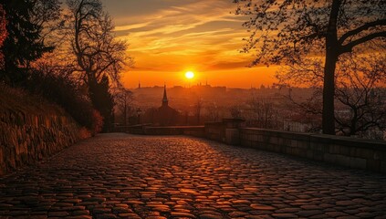 Sunset over Cobblestone Path in Prague