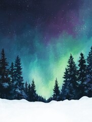 Poster - Colorful aurora borealis illuminates a snowy forest at night in a tranquil winter landscape. Generative AI