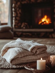 Wall Mural - Cozy interior with knitted blankets and lit candles beside a charming fireplace in a rustic living space. Generative AI