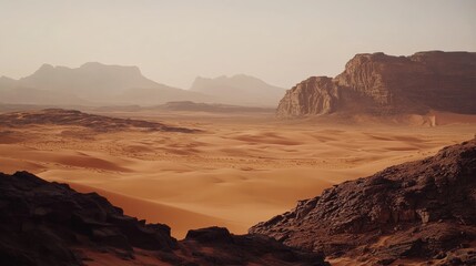 Aufkleber - Vast arid landscape with golden sand dunes and rocky formations under a clear sky in an expansive desert. Generative AI