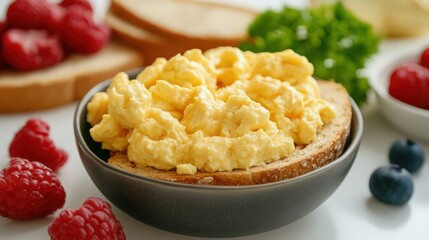 Wall Mural - Delicious Scrambled Eggs on Toast with Fresh Berries and Green Garnish