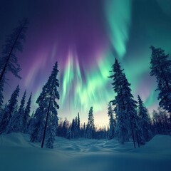 Poster - Spectacular northern lights illuminate the winter forest under a starry sky at dusk in a remote location. Generative AI