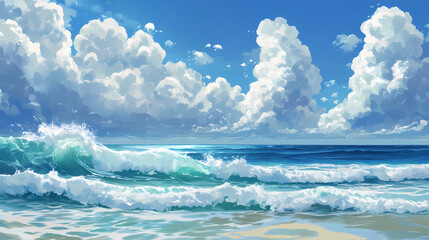 Poster - A serene ocean view with gentle waves under a bright sky filled with fluffy clouds. Sapphire Ocean Depths. Illustration