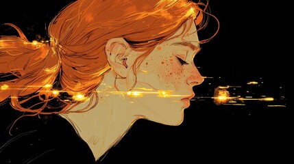 Wall Mural - Redhead Woman Profile Glowing Sparks Artistic Illustration Digital Painting
