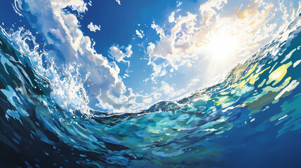 Poster - A serene view of the ocean under a bright sun, with shimmering water reflecting the blue sky and gentle waves. Sapphire Ocean Depths. Illustration