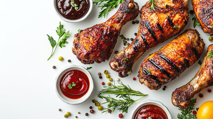 Wall Mural - Chicken leg with barbecue sauce collection isolated on a white background.