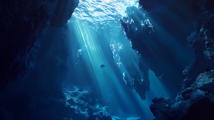 Wall Mural - Deep blue ocean with soft light rays and shadowy depths. Sapphire Ocean Depths. Illustration