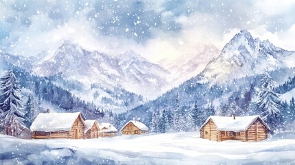 Poster - Winter landscape featuring snow covered mountains and rustic cabins in a tranquil setting with falling snow. Generative AI