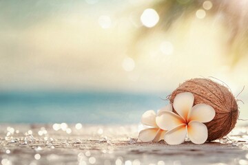 Wall Mural - Fresh coconut with plumeria flowers on a sandy beach, evoking relaxation and tropical vibes, perfect for summer themed projects