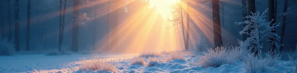 Poster - Sunbeams pierce icy fog, illuminating a frost-covered forest , landscape, nature, sunlight