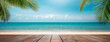 © Jang - Wooden floor or plank on sand with palm coconut, blurred summer beach and sky background. Royalty high-quality free best stock of empty wooden planks for product display, beautiful nature tranquil