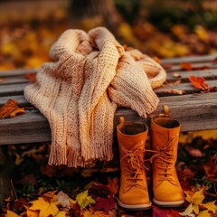Fototapete - Cozy autumn setting with knitted sweater and yellow boots on park bench surrounded by colorful leaves. Generative AI