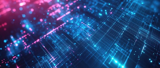 Futuristic digital landscape with glowing blue and pink lights, abstract technology background with grid pattern, concept of data flow, network, and cyberspace