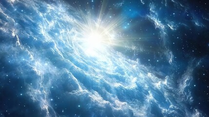 Wall Mural - mystical blue and white nebula with sunburst effect for space exploration themes