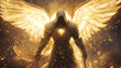 © Thiago - Armored aasimar warrior with hood and radiant golden wings in glowing armor standing in celestial light filled with divine energy. Celestial Knights. Illustration