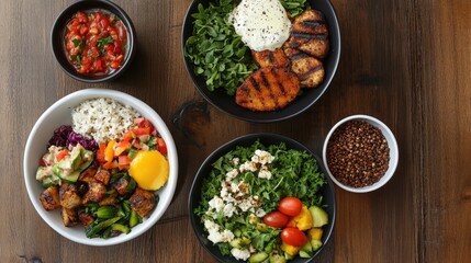 Wall Mural - Delicious and Nutritious Variety of Healthy Bowls on Wooden Table