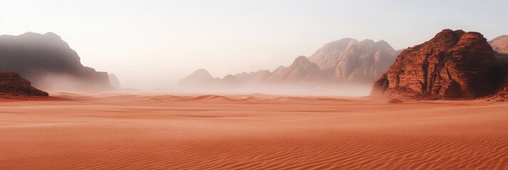 Fototapete - Desert landscape with red sand dunes and distant mountains bathed in soft morning light. Generative AI