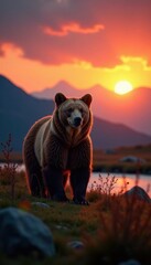 brown bear against the sunset in the alaskan wilderness, outdoors, brown bear, wildlife