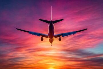 Aufkleber - colorful sunset with a silhouette of an airplane flying in the sky. generative ai