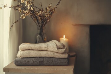 Poster - Cozy knit sweaters stacked beside a candle and dried flowers in a serene indoor setting. Generative AI