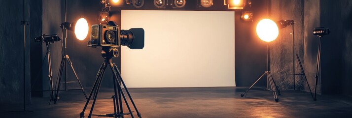 Poster - Vintage camera setup in a studio with bright lights and a blank backdrop for photography sessions and creative projects. Generative AI