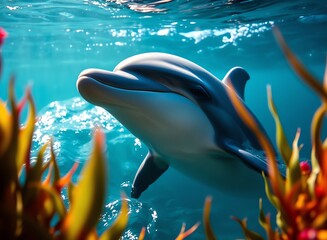 Wall Mural - an image of a dolphin swimming in the ocean with plants, there is a dolphin that is swimming in the water