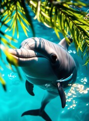 Wall Mural - an image of a dolphin swimming in the water with a palm tree, there is a dolphin that is swimming in the water