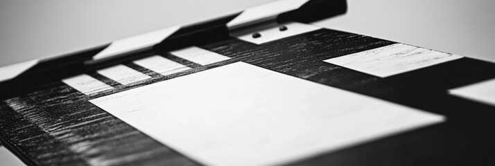 Poster - Creative display of a film clapperboard showcasing black and white design in a minimalistic style. Generative AI