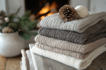 Poster - Cozy knitted sweaters arranged near a warm fireplace with decorative pinecone and yarn on top. Generative AI