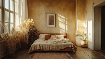 Sticker - A rustic bedroom featuring a wooden bed frame and natural fiber bedding.