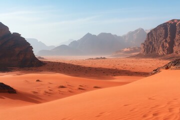 Poster - Expansive desert landscape showcasing orange sand dunes and distant mountains at midday in a tranquil environment. Generative AI