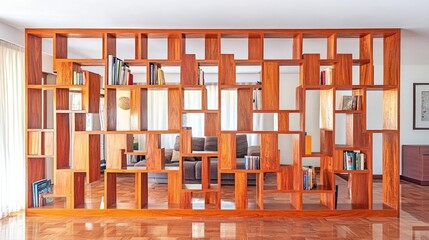 Sticker - A stylish wooden room divider with built-in bookshelves.