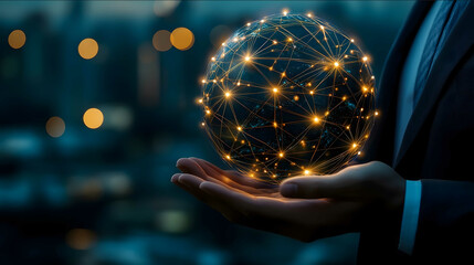 an image of a businessmans hand holding a globe of interconnected glowing lines of commerce